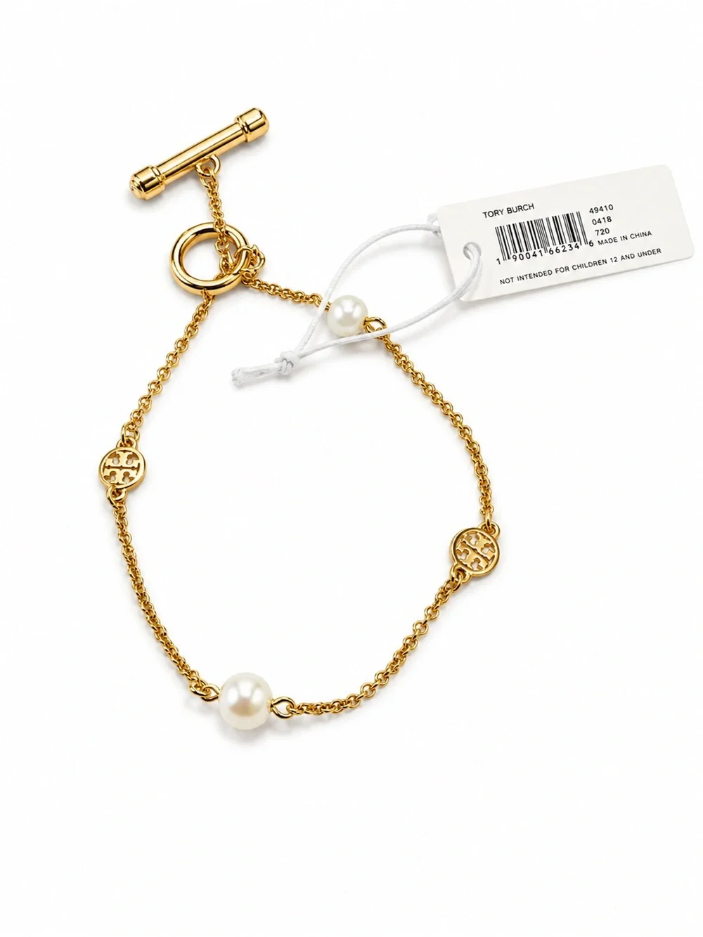 Tory Burch Gold Chain Bracelet with Pearls and Logo Discs
